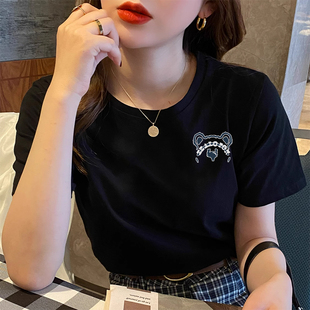 100%纯棉国潮牌美式 上衣 字母正肩短袖 t恤女夏潮牌宽松ins慵懒半袖