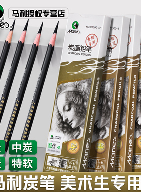 马利炭笔美术生专用素描铅笔工具套装素描笔特软中硬碳笔14B12b16B素描速写铅碳笔高光白色炭笔木炭条旗舰店