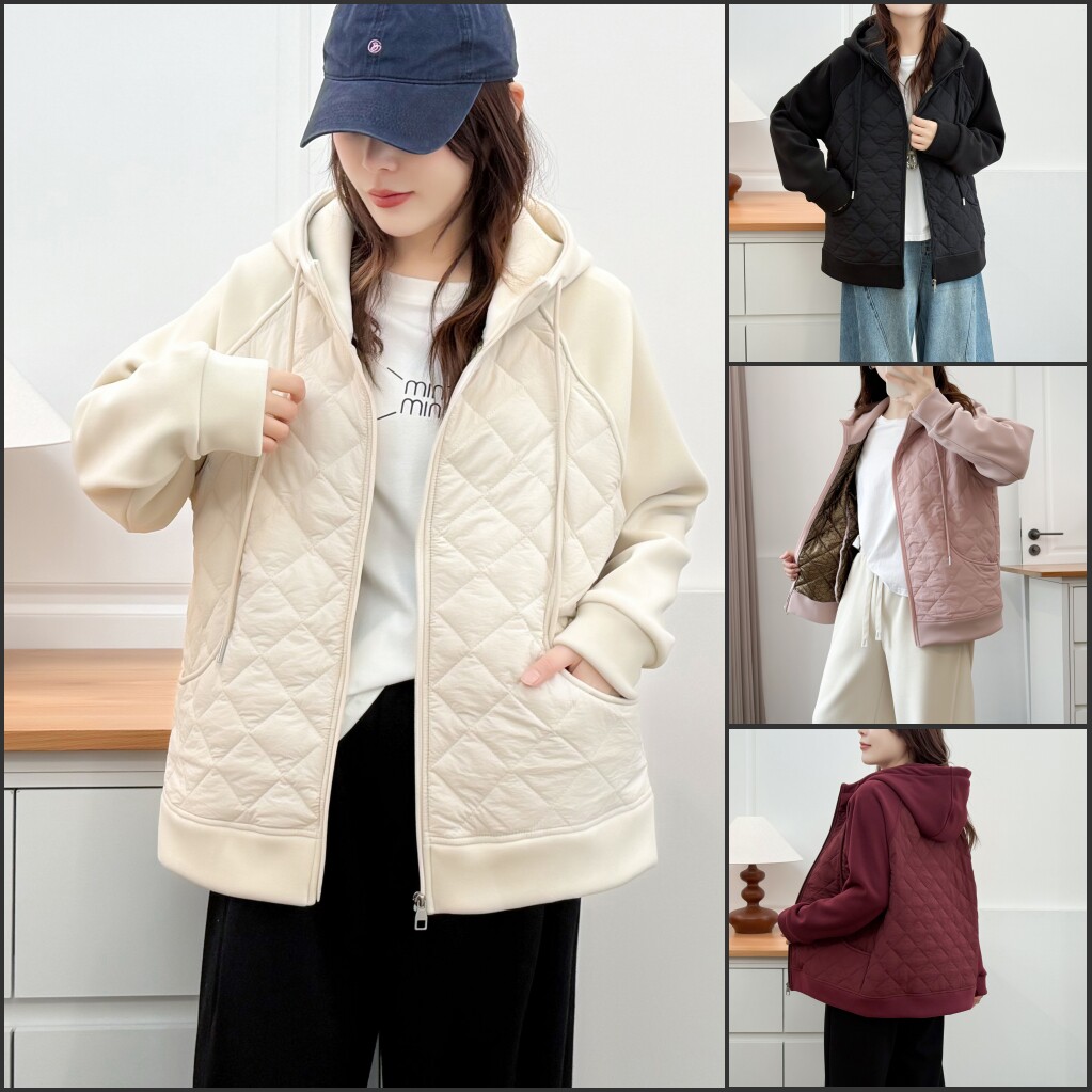 宽松休闲显瘦拼接连帽棉服外套