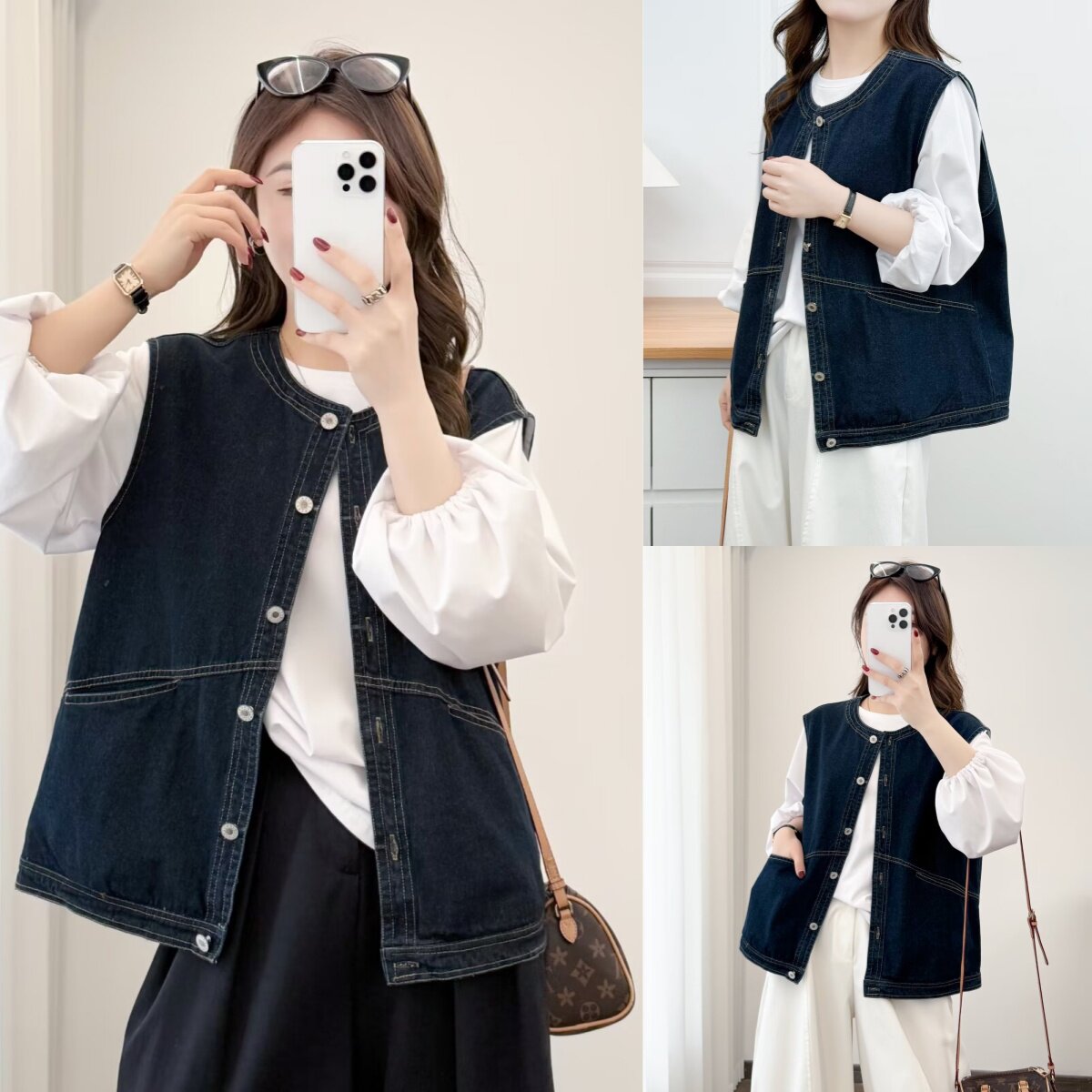 大码胖mm春季新款牛仔马甲女宽松圆领明线单排扣无袖坎肩外套9903