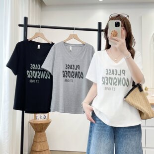 大码胖mm韩版百搭休闲字母印花V领T恤女夏季新款宽松藏肉上衣2063