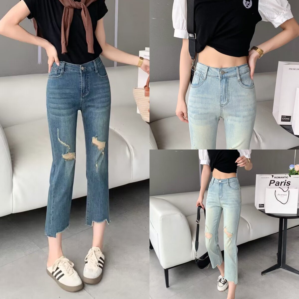 洋气时尚薄款破洞直筒牛仔裤女夏