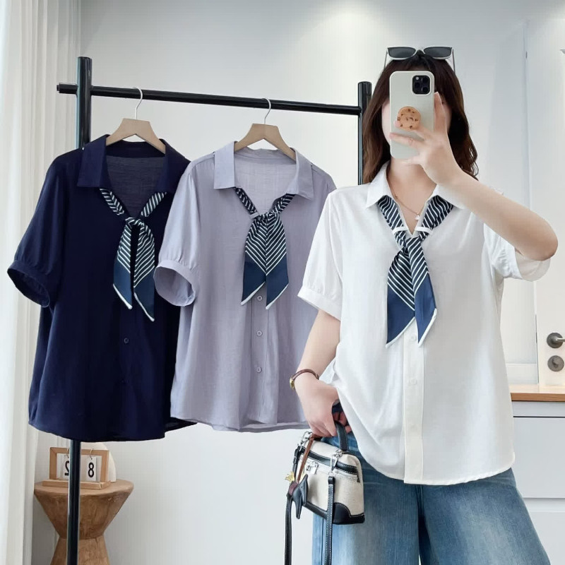 洋气通勤百搭飘带翻领短袖衬衫女