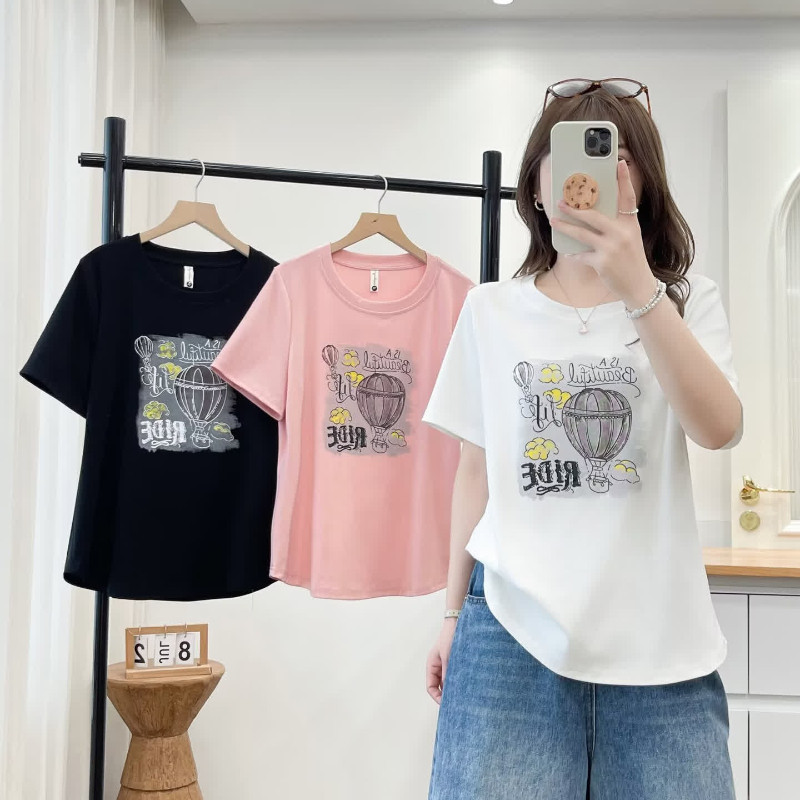 大码胖mm洋气显瘦时尚印花圆领T恤夏季新款宽松百搭休闲上衣8809