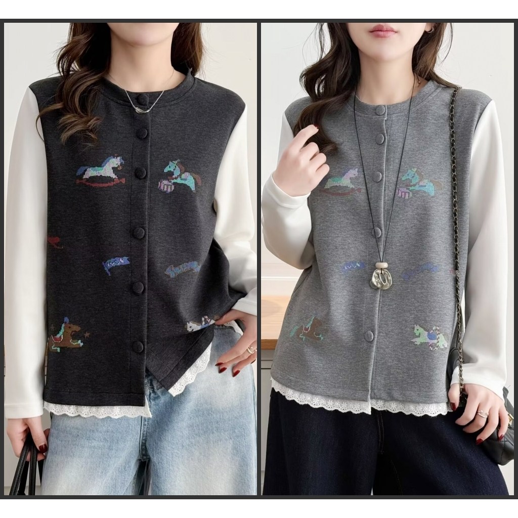 大码胖mm减龄小马印花假两件卫衣女春季新款休闲百搭显瘦上衣2601