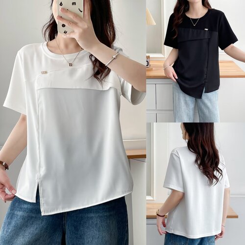 大码胖mm设计感洋气拼接字母钉扣T恤女春季新款休闲遮肉上衣2515