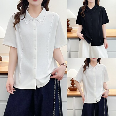 大码胖mm宽松显瘦遮肚子上衣女夏季新款减龄百搭明线短袖衬衫1807