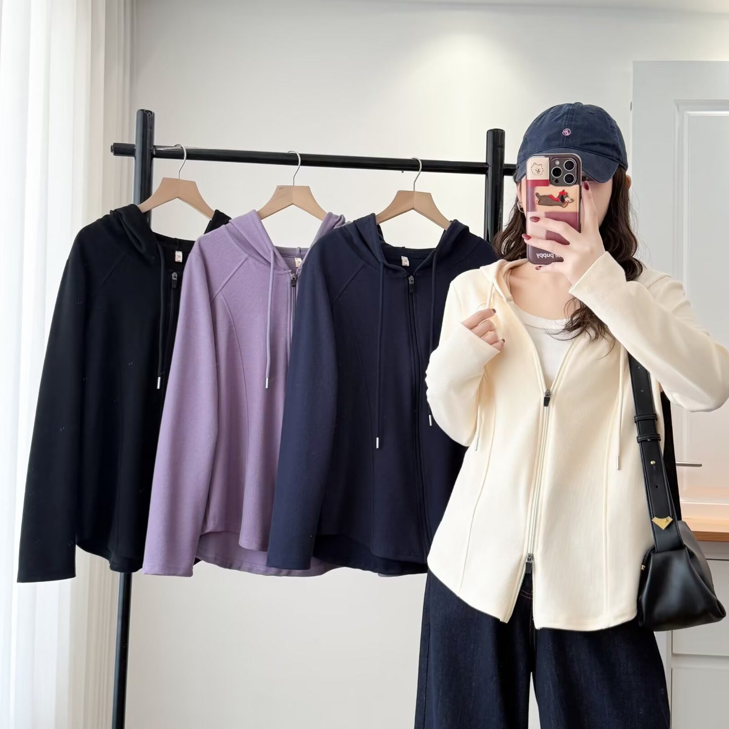 休闲连帽拉链卫衣女显瘦遮肚拼接