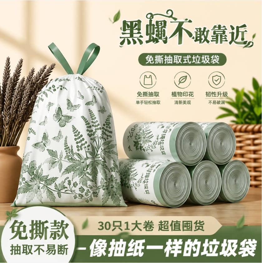 免撕抽绳式垃圾袋家用加厚手提植物印花特厚30只装抽取式免撕款