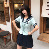 彩虹研究所 学院风日系 原创jk制服薄荷绿色收腰公主线水手服套装