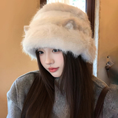 可爱猫耳朵渔夫帽子女冬季 防寒保暖护耳毛绒帽大头围盆帽 2026新款