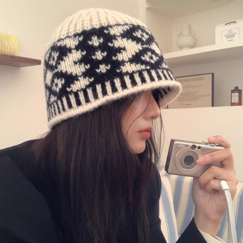 韩版复古格纹针织帽子女2026年秋冬季新款素颜遮脸防寒保暖盆帽潮