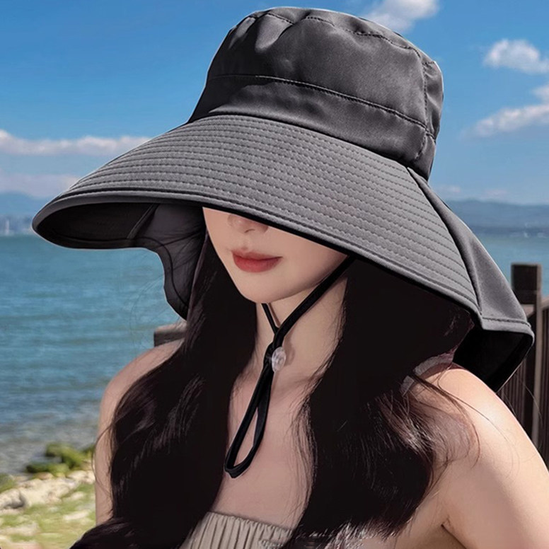 夏季防紫外线大檐显脸小遮阳帽子女出游披肩一体骑车透气防晒帽子