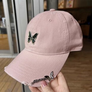 2026新款 复古做旧金属蝴蝶鸭舌帽子女水洗宽檐遮阳帽棒球帽 春夏季