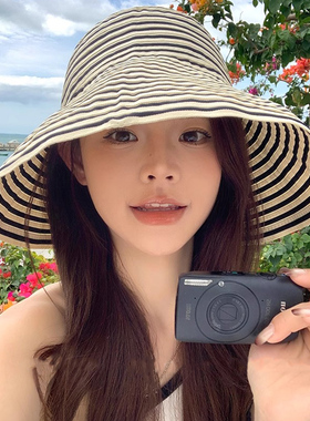 胶片日记法式复古遮阳帽子女春夏季大檐显脸小防晒气质条纹渔夫帽