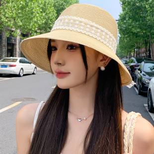 海边度假沙滩遮阳防晒帽 新款 法式 名媛风复古蕾丝草帽女2025春夏季