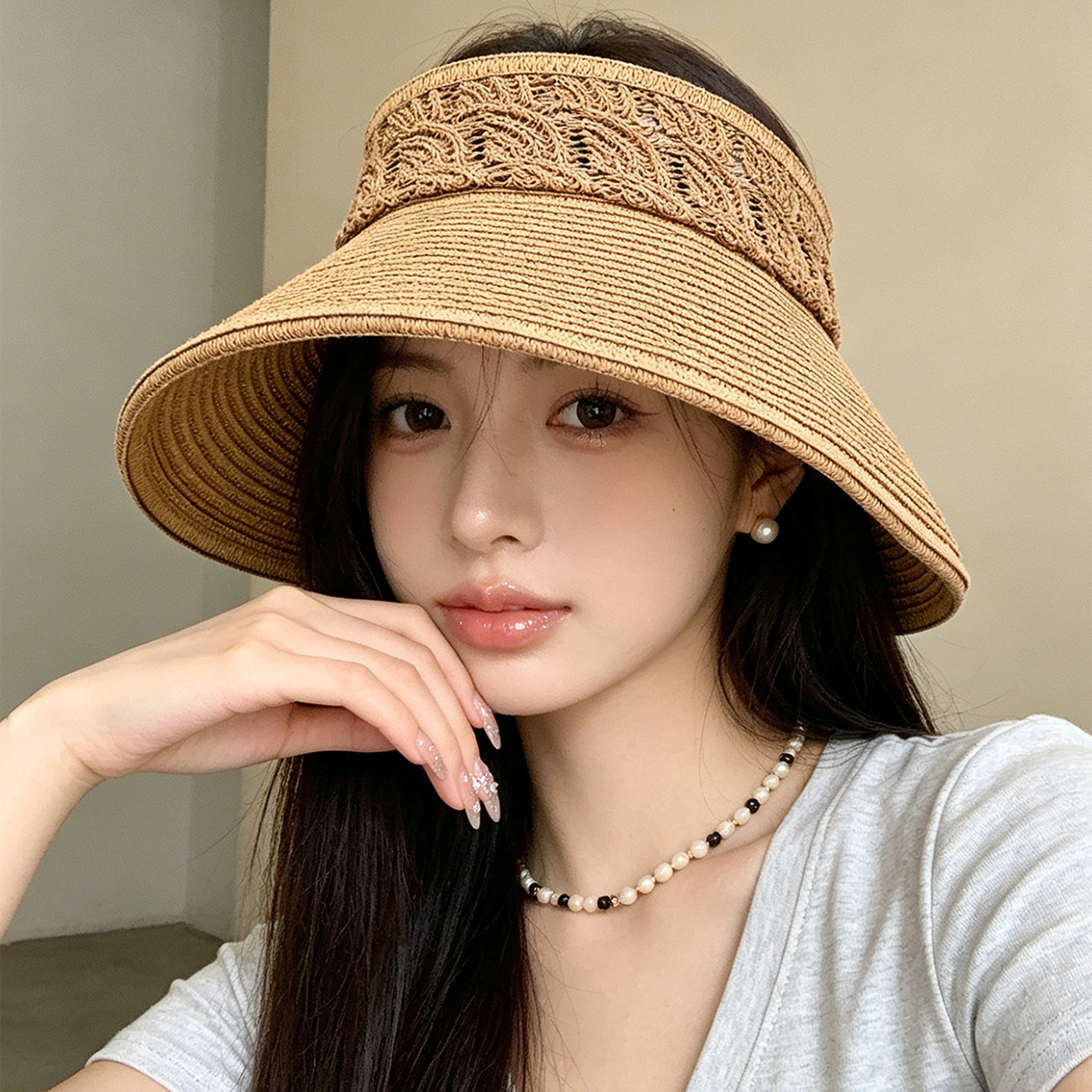 日系高品质手工编织帽子女款夏季户外宽檐草帽遮阳帽防晒帽空顶帽