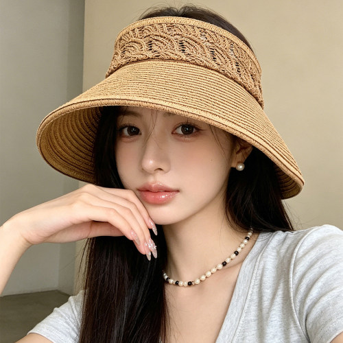 日系手工草编空顶宽檐防晒帽女