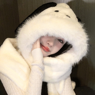 可爱帕恰狗毛绒绒帽子女2026年冬季新款加厚保暖帽子围巾手套一体