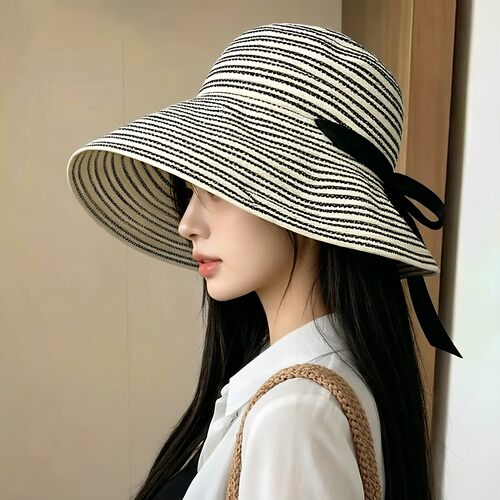 法式复古条纹夏季防晒渔夫帽女
