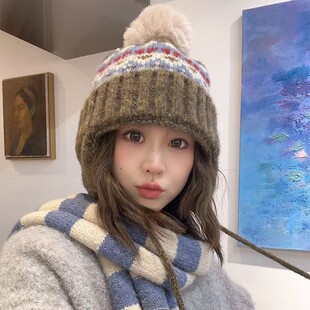 费尔岛格纹时尚针织帽子女冬季加厚护耳保暖哈尔滨旅游防寒雷锋帽