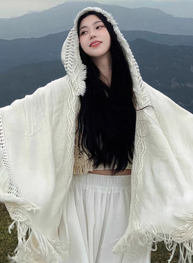 白色棉麻连帽斗篷披风披肩女款