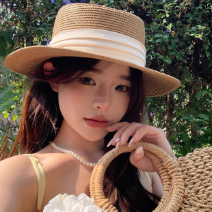 沙滩海边度假风防晒草编太阳帽子 新款 法式 平顶遮阳草帽女2025夏季