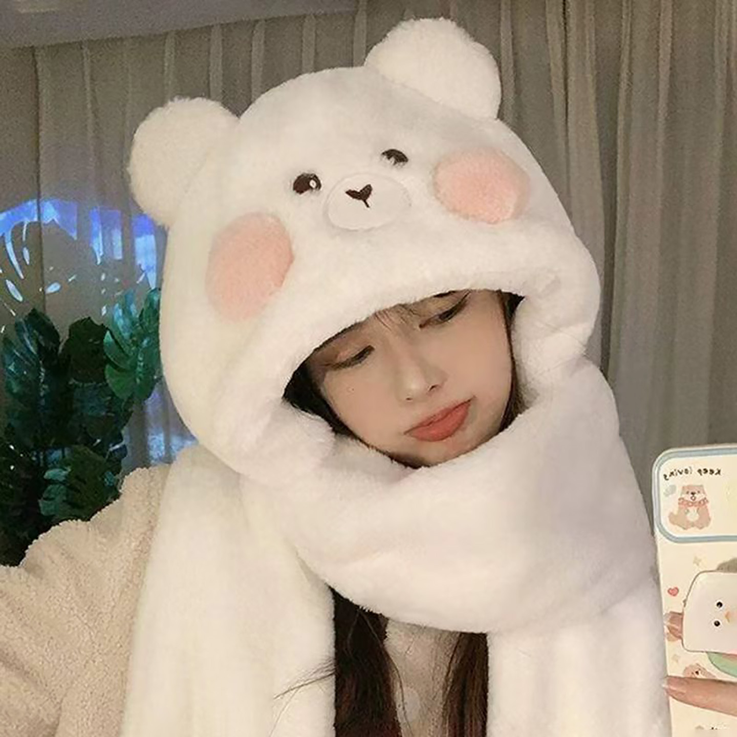 可爱毛绒小熊帽子女围巾手套一体保暖三件套冬季加厚防寒护耳时尚