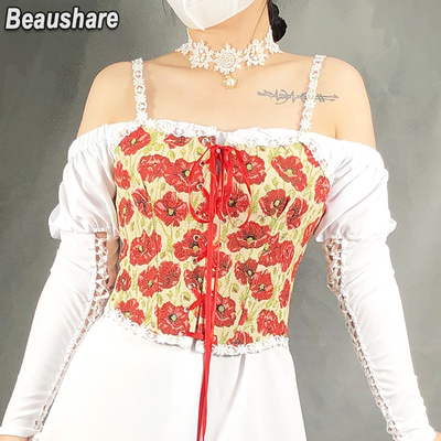 欧美复古宫廷印花绑带束腰胸衣