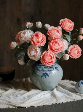 仿真油画牡丹3头欧式复古牡丹家居装饰仿真花假花花艺摆件