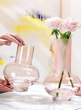 现代简约风粉色磨砂透明大肚玻璃花瓶水培插花家居饰品创意摆件