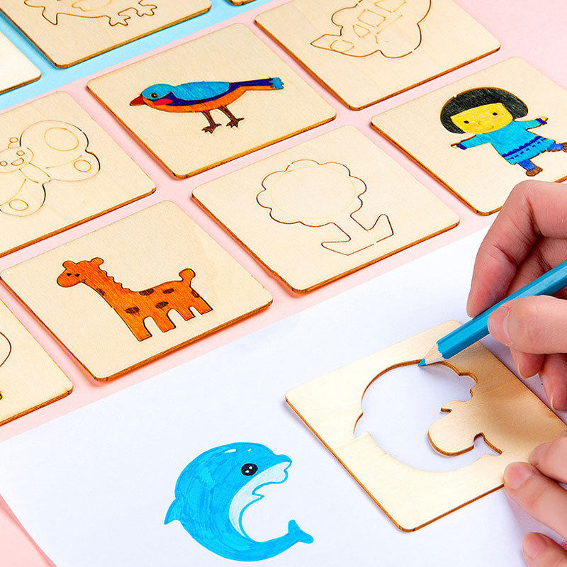 儿童木质绘画模版幼儿园小学生镂空玩具男孩女孩画画工具套装