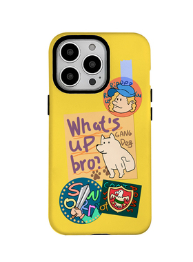 黄色标签小狗趣味卡通插画适用苹果15PROMAX手机壳iPhone13MINI全包硬壳小米14PLUS半包按键12