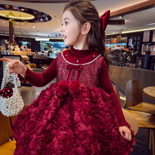 米米哈罗女童公主裙冬2025新款洋气儿童礼服裙红色加绒背心连衣裙