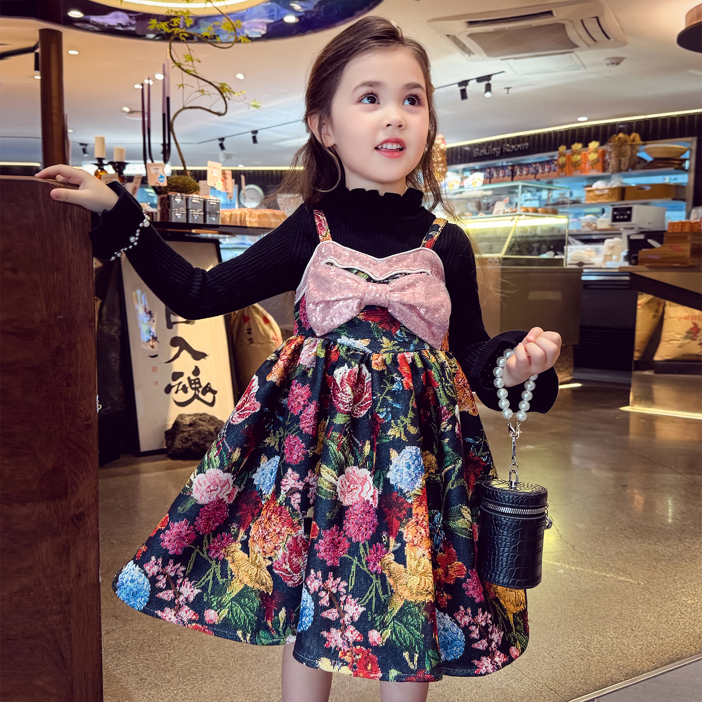 【油画玫瑰】加绒吊带裙连衣裙