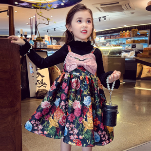 米米哈罗女童加绒连衣裙冬2025新款 儿童碎花吊带裙女孩公主裙 法式