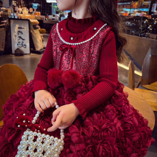 米米哈罗女童针织衫冬装2025新款儿童花边领打底衫小女孩内搭毛衣