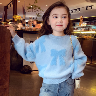 米米哈罗女童仿水貂毛毛衣冬装2025新款儿童韩版宽松套头针织上衣