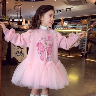 米米哈罗女童加绒连衣裙冬2025新款 儿童拼接网纱公主裙女孩卫衣裙