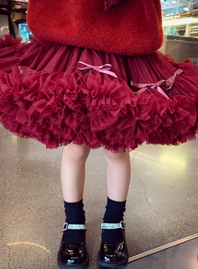 女童tutu裙秋装2025新款洋气小女孩红色半身裙儿童网纱蓬蓬公主裙