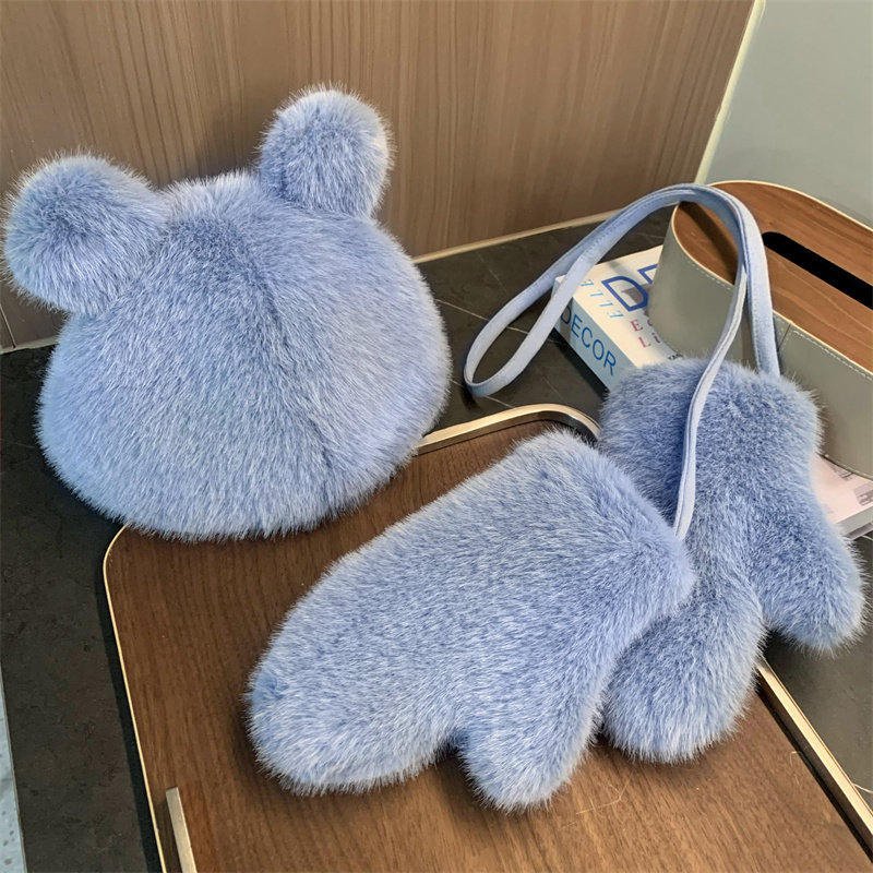 帽子女冬季加厚保暖小熊帽可爱毛茸茸渔夫帽小女孩挂脖连指手套