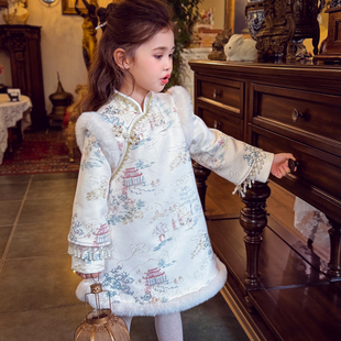 米米哈罗女童旗袍公主裙冬装2025新款儿童夹棉连衣裙小女孩新年装