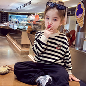 女童圆领卫衣秋冬2025新款 洋气儿童休闲条纹上衣小女孩加绒打底衫