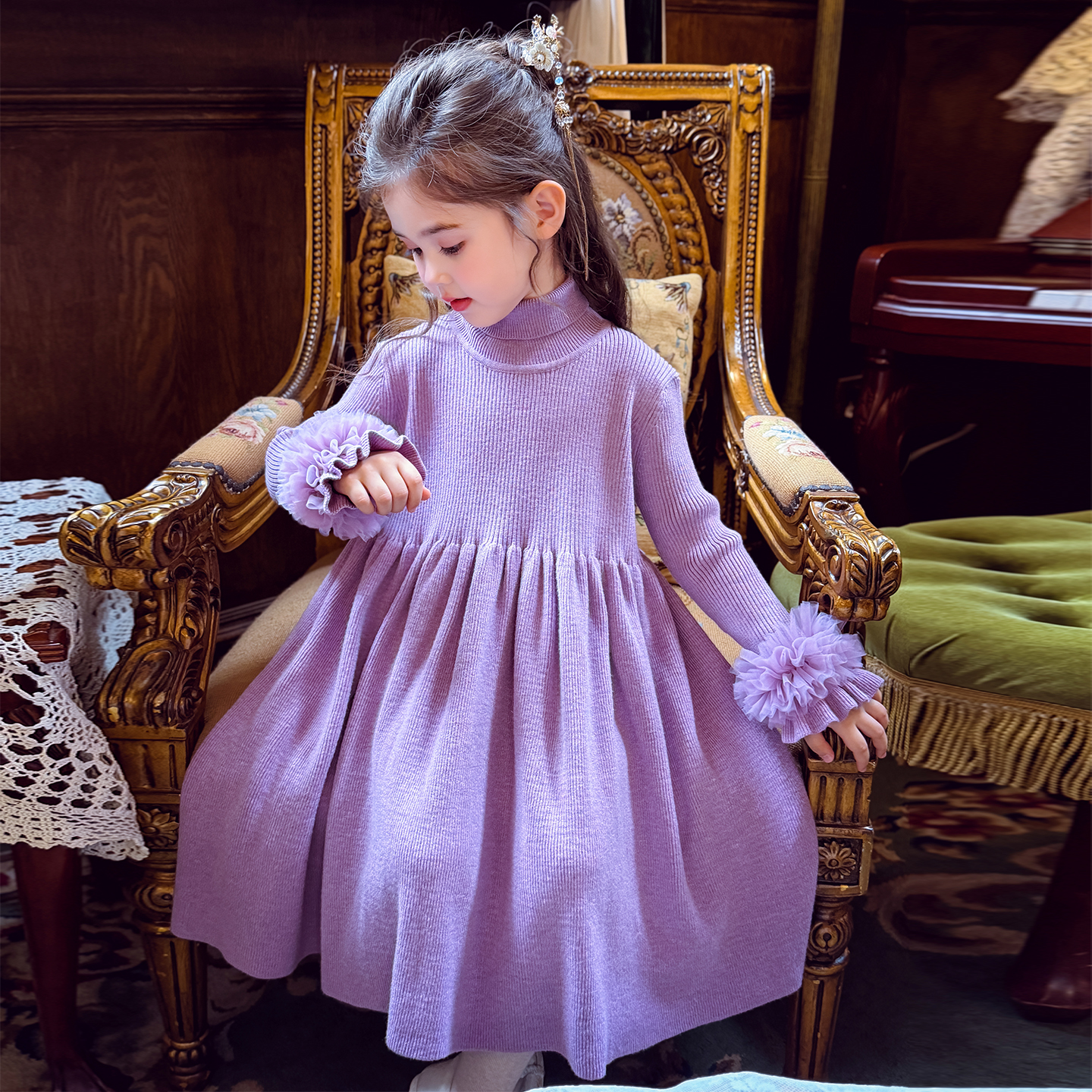 米米哈罗女童连衣裙新中式儿童毛衣裙唐装马甲两件套冬装2025新款