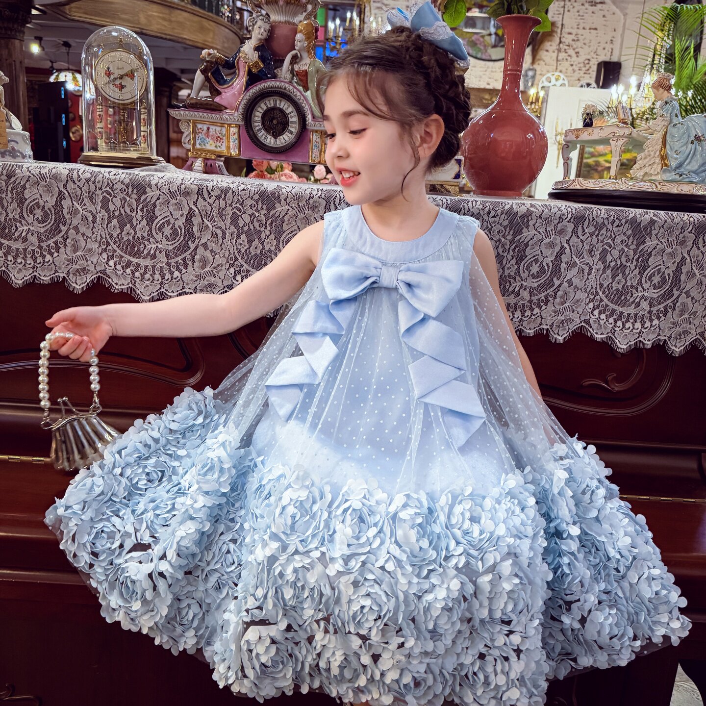 女童背心裙夏装儿童连衣裙立体花瓣蝴蝶结蓝色网纱小女孩公主裙