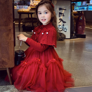 米米哈罗女童连衣裙冬装2025新款儿童法式网纱公主裙洋气毛衣裙子