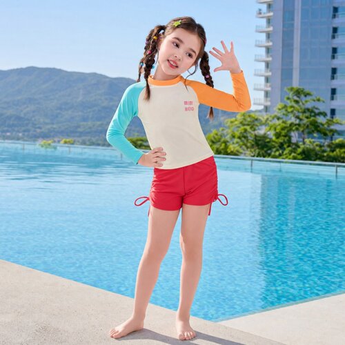 女童夏季撞色长袖防晒分体泳衣