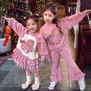 米米哈罗女童加绒套装冬装2025新款儿童新年衣服女孩一体绒卫衣裙