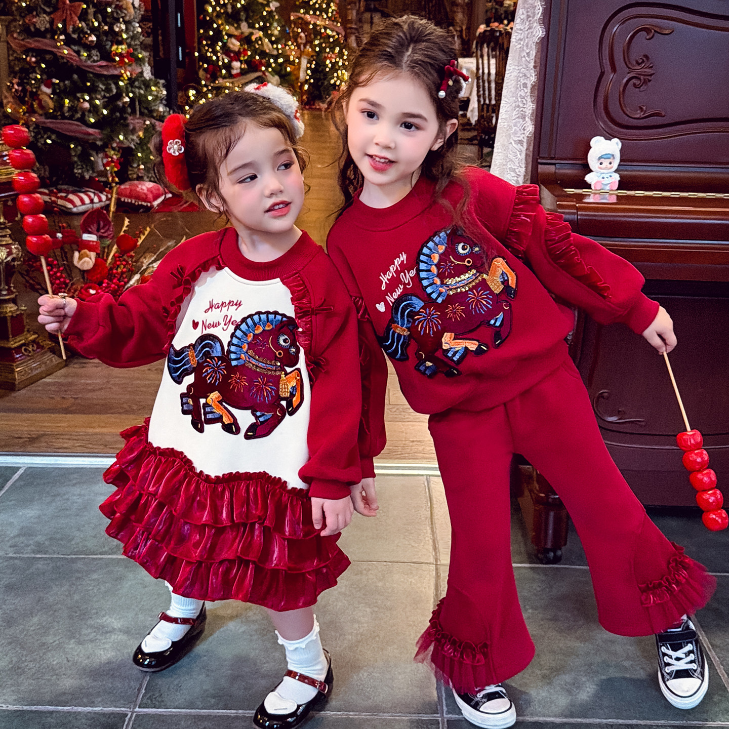 米米哈罗女童加绒套装冬2025新款儿童卡通卫衣长裤女孩时髦两件套