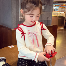 女童长袖T恤秋装2025新款小女孩芭蕾风露肩上衣儿童设计感打底衫